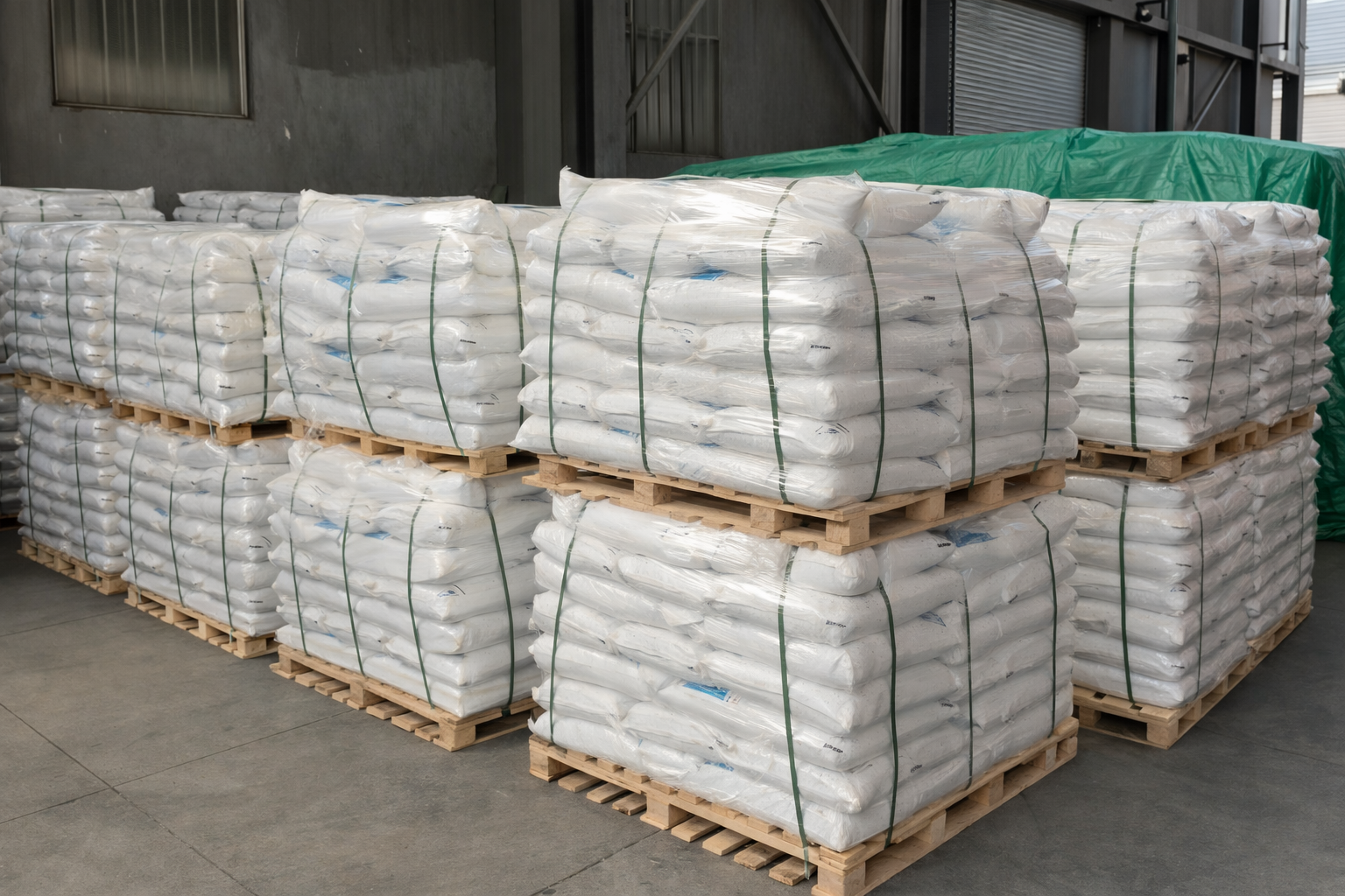 Chemical bags stacked on pallets in warehouse